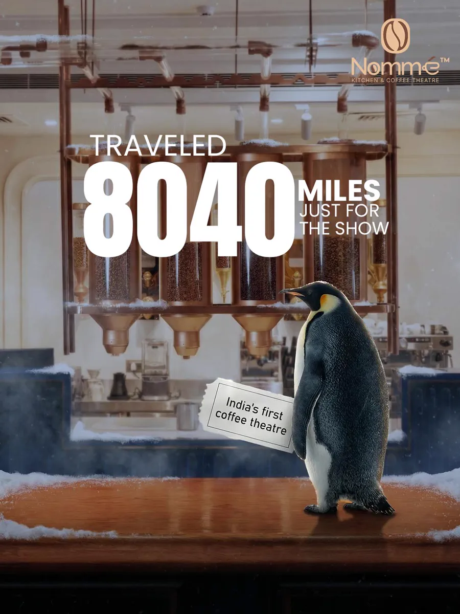 Winter campaign post — a penguin standing on the Nomme counter holding a paper ticket reading India's first coffee theatre, with the headline Traveled 8040 Miles Just For The Show