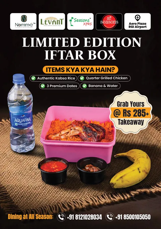 Limited edition Iftar box post — a row of five partner logos across the top, the box photographed with its contents, four ticked items and two phone numbers