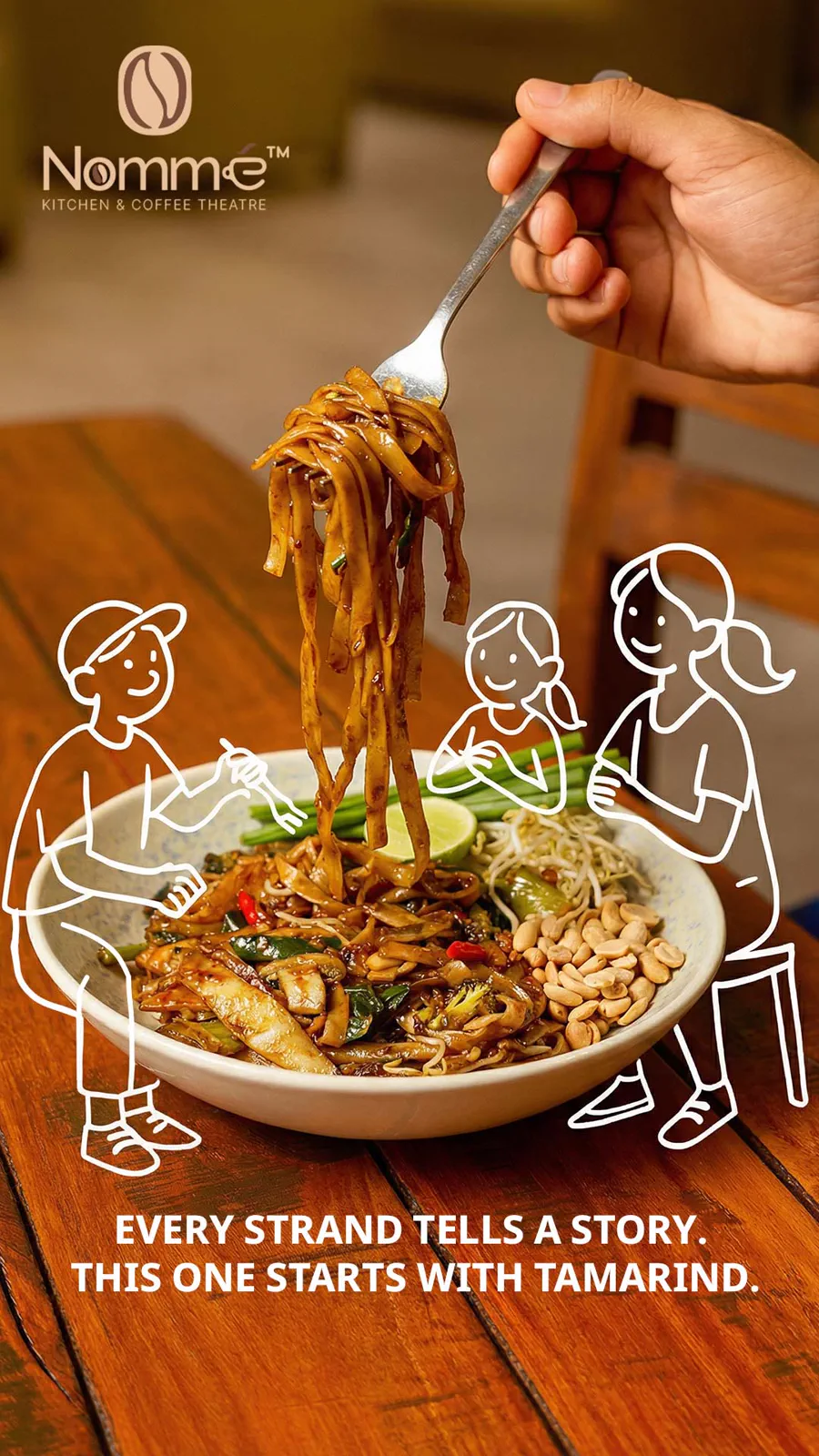 Nomme story — line-drawn diners overlaid on a photograph of noodles, headline every strand tells a story