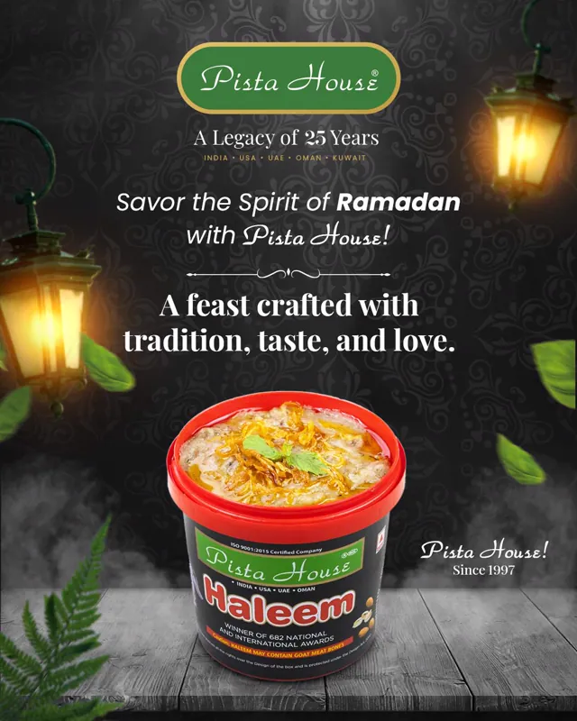 Pista House Ramadan post — the haleem tub lit between two lanterns