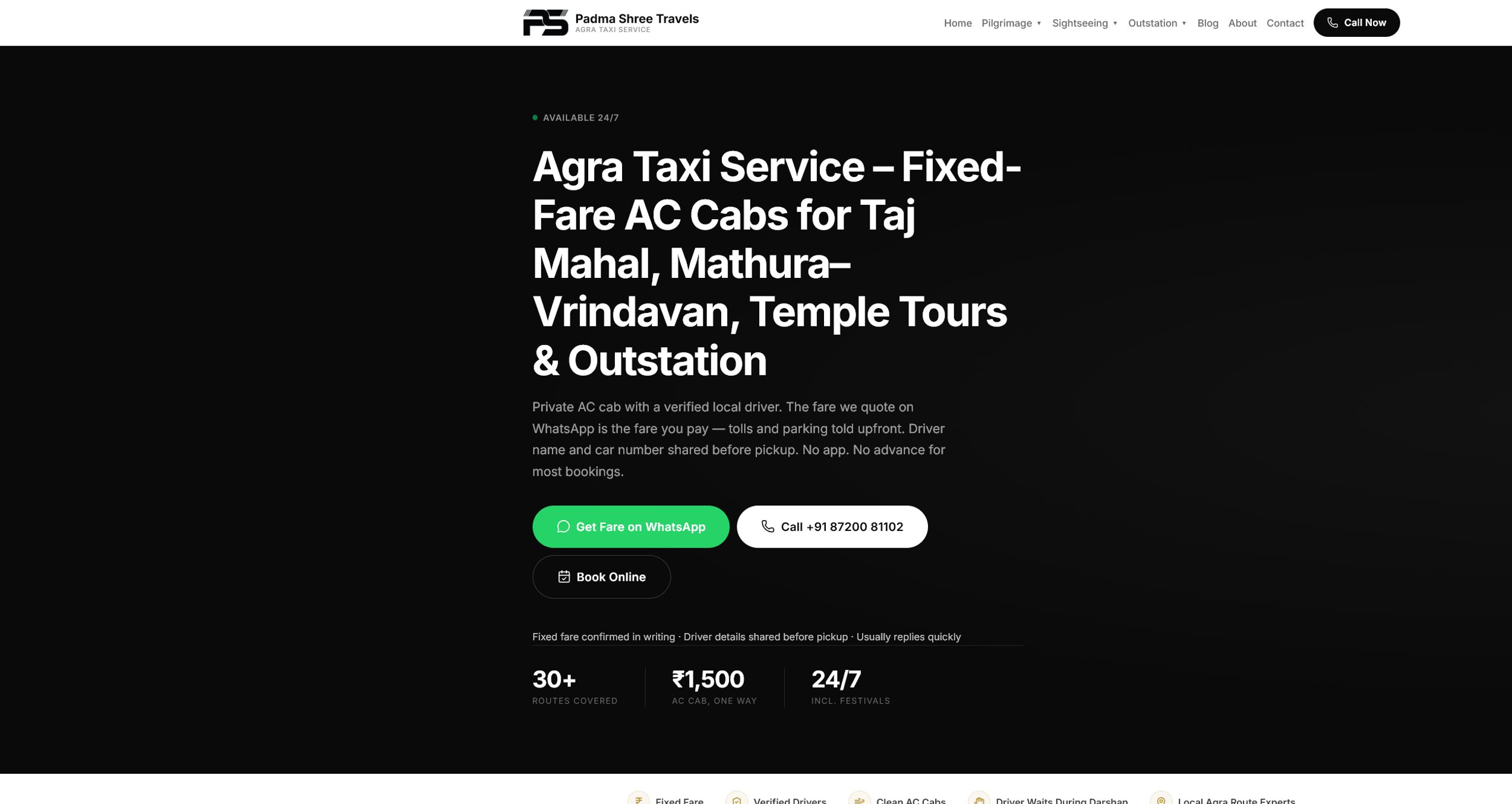 Padma Shree Travels website — fixed-fare Agra taxi booking homepage