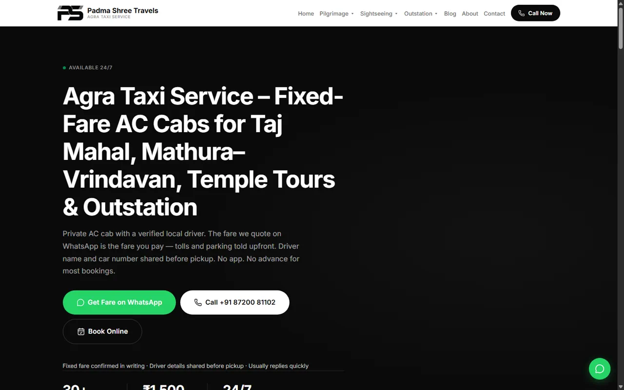 Padma Shree Travels website — fixed-fare Agra taxi booking homepage