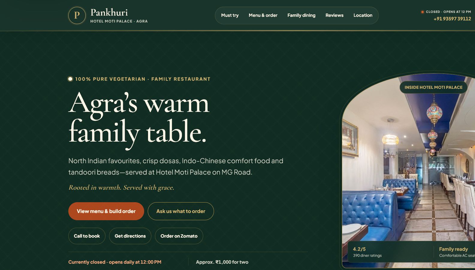 Pankhuri restaurant website — emerald and gold homepage with live open status