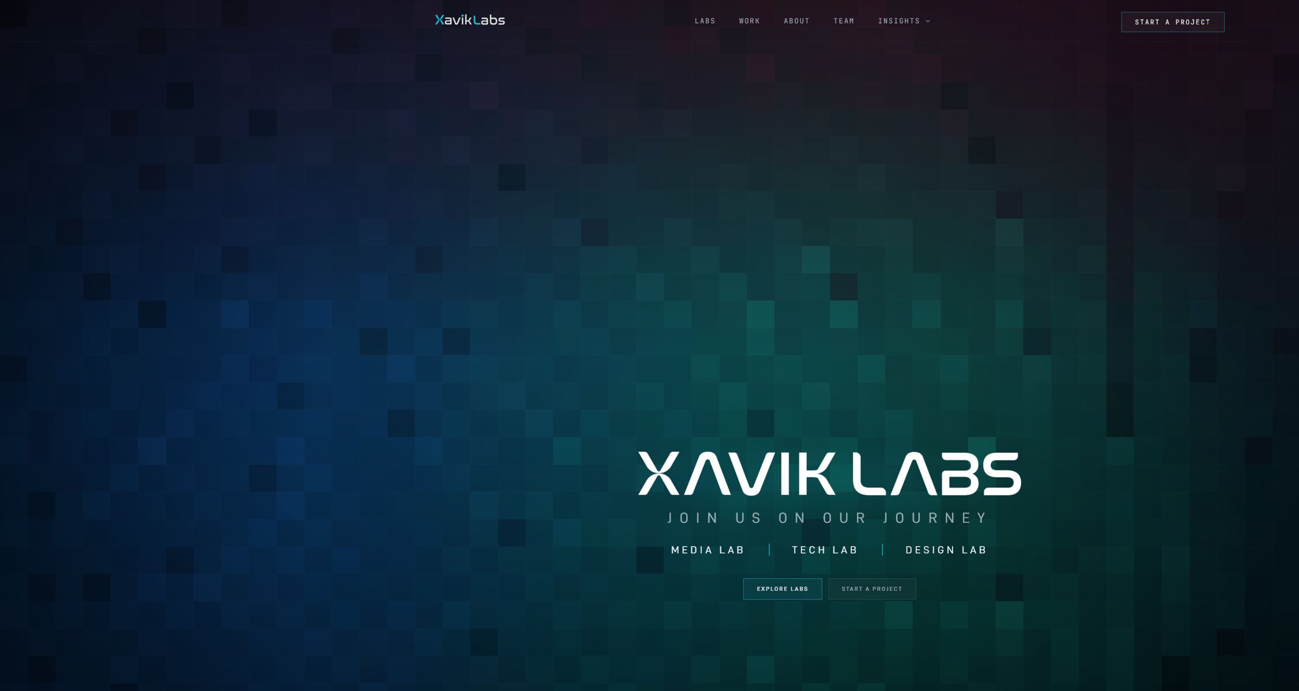 Xavik Labs homepage — dark immersive pixel-field hero